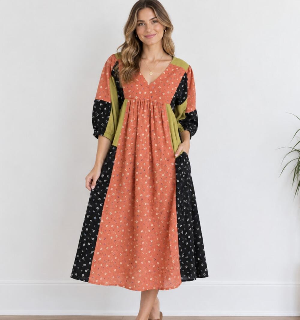 Sideline Annie Patchwork Dress Cotton Linen Orange Medium